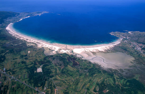 Aerial photo of the beach of Carnota the longest in Galicia Spain Aerial photo of the beach of Carnota the longest in Galicia Spain a coruna province stock pictures, royalty-free photos & images