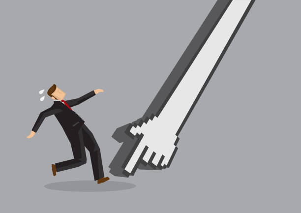 istock Businessman in black suit attack by digital hand. Creative cartoon vector illustration. 1248882357