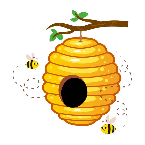 gelber honigbienenstock mit niedlichen bienen, die an einem baumzweig vektorbild hängen. cartoon-illustration isoliert auf weißem hintergrund - bienenstock stock-grafiken, -clipart, -cartoons und -symbole