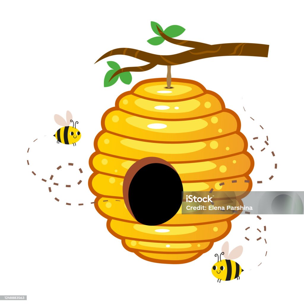Ilustración De Colmena De Miel Amarilla Con Abejas Lindas Colgadas En Una Imagen Vectorial De