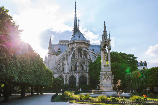 istock Notre Dame rear view with city park in Paris during sunset 1248884563