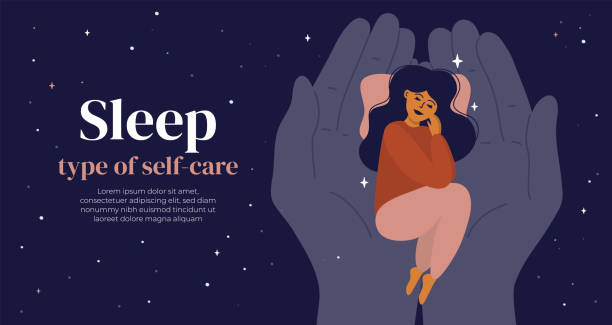Sleep, self care concept with hands holding sleeping girl Sleep is type of self care. Young woman in pyjama lying on human palms in night sky. Hands holding sleeping girl. Bedtime, healthy dreams and healthcare concept. Vector illustration, design template sleep stock illustrations