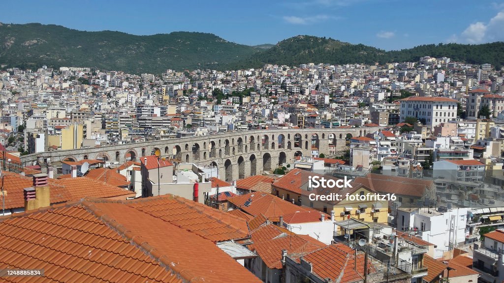 Greece, Kavala, Aqueduct Greece, Kavala, cityscape with medieval aqueduct Kamares Kavalla Stock Photo