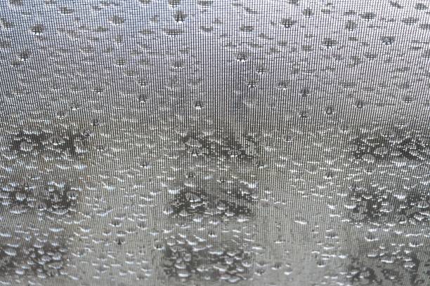 istock Blurred many droplets on grid net wall surface in rainy day 1248886200