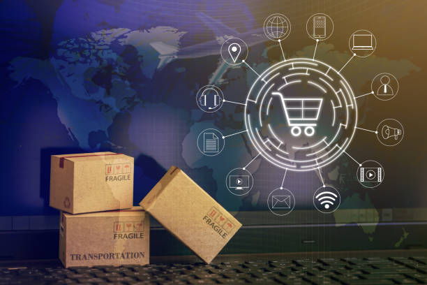 istock Shopping online, e-commerce concept: Cardboard boxes with icon customer network connection on keyboard. depicts of transportation that can be done easily using an online internet. 1248889773
