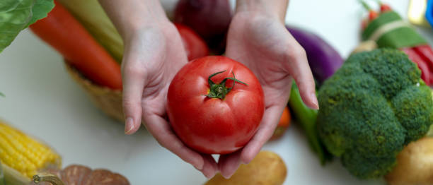 istock Hands holding tomato while standing at table with other fresh farm vegetables 1248891675