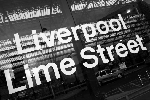 Liverpool train station sign black and white