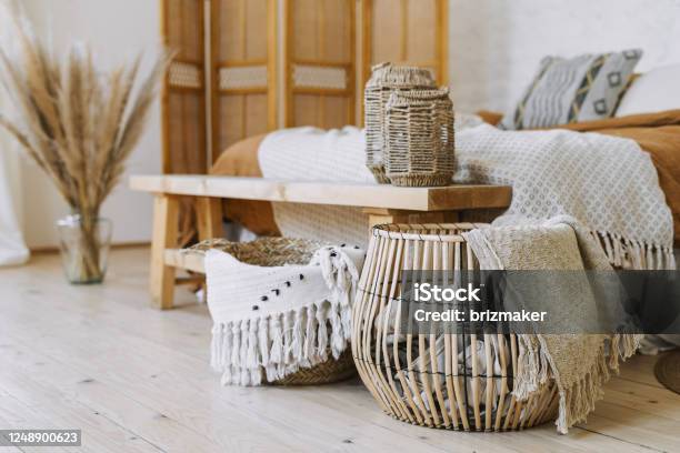 Comfortable Bedroom In Bohemian Interior Style With Furnishing Stock Photo - Download Image Now