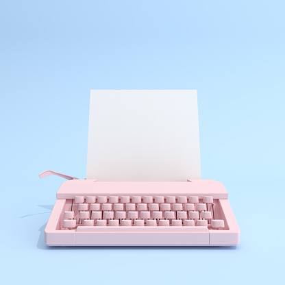 Typewriter and white blank paper on blue background.3D rendering.