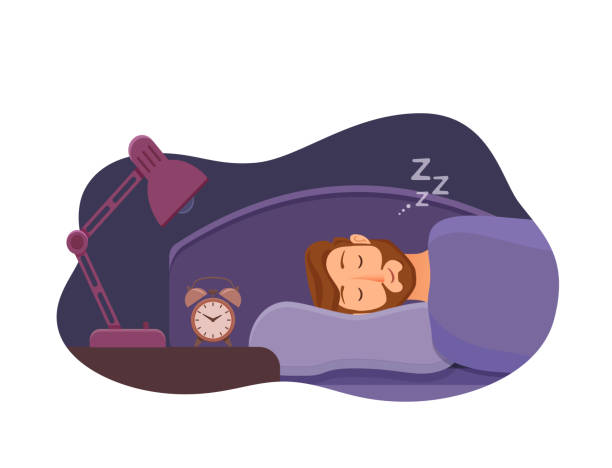 Sleepless man face cartoon character suffers from insomnia. Sleeping man face cartoon character happy guy have a sweet dream. Person with closed eyes in darkness night lying on bed, pillow, blanket. Resting male napping, tired, sound zzz vector illustration one young man only stock illustrations