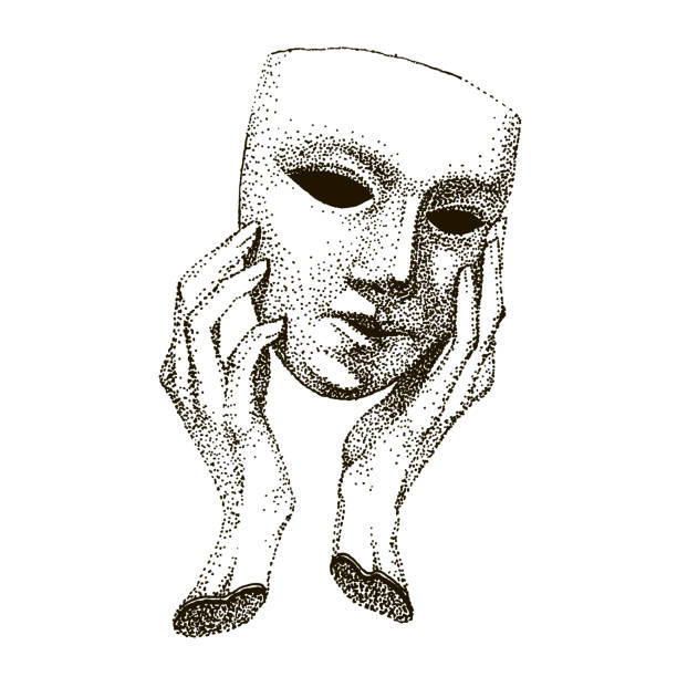 istock Mask in hands. Theater Actor tattoo. Hypocrite, pretender, trickster, many faces. Vintage black and white template. drama portrait. hand made drawing. Vector illustration. 1248913882