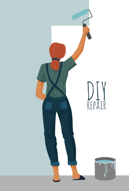 ilustrações de stock, clip art, desenhos animados e ícones de diy repair. woman painting a wall with a paint roller. cute vector illustration. - pintar parede
