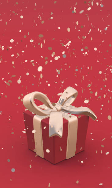 istock Beautiful gift box with golden bow and ribbons on red backgound with falling confetti. 3D illustration. 1248917781
