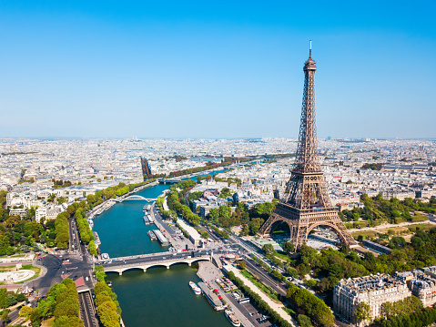 Eiffel Tower or Tour Eiffel aerial view, is a wrought iron lattice tower on the Champ de Mars in Paris, France