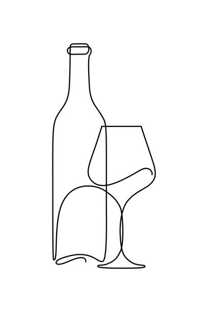 Bottle of wine and wineglass Bottle of wine and wineglass in continuous line art drawing style. Minimalist black linear sketch isolated on white background. Vector illustration wine bottle illustrations stock illustrations