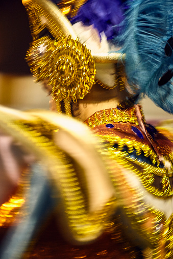 View of a carnival costume with motion blur, backstage at Sambadrome parade in Rio de Janeiro, Brazil.