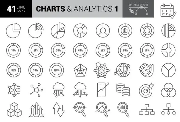 Vector illustration of Chart and Diagram Line Icons. Editable Stroke. Pixel Perfect. For Mobile and Web. Contains such icons as Pie Chart, Stock Market Data, Organizational Chart, Progress Report, Bar Graph