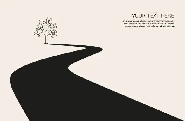 Vector illustration of Curved winding road with oak tree. Road to success background