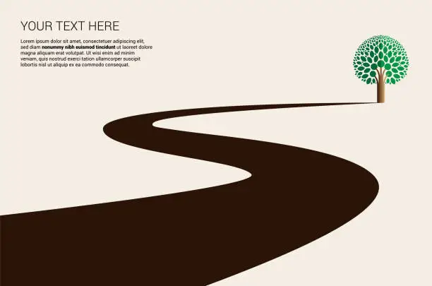 Vector illustration of Curved winding road with oak tree. Road to success background