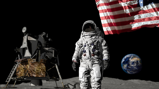 3D rendering. Astronaut saluting the American flag. CG Animation. Elements of this image furnished by NASA \