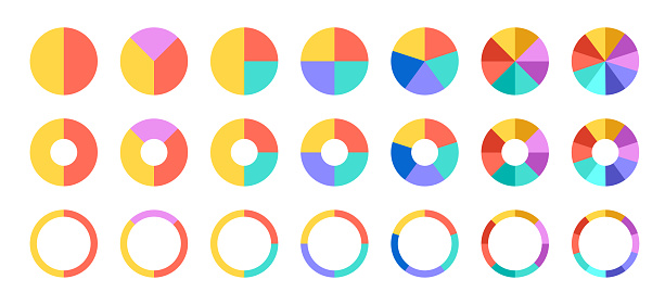 Pie chart set. Colorful diagram collection with 2,3,4,5,6 sections or steps. Circle icons for infographic, UI, web design, business presentation. Vector illustration