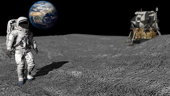 3D rendering. Astronaut walking on the moon. CG Animation. Elements of this image furnished by NASA.  \