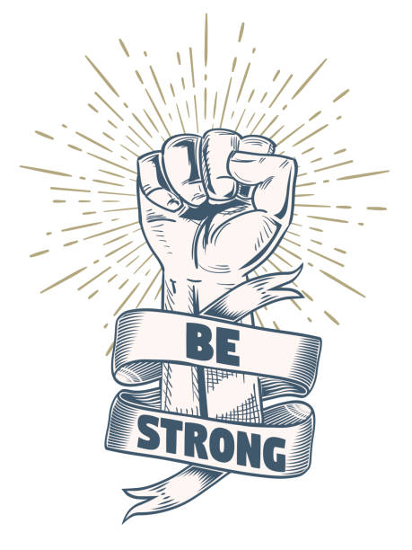 Be strong - rising fist hand gesture monochrome drawn emblem decorative vector artwork fist human hand punching power stock illustrations