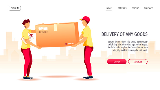 Web page design for Delivery services, Online order, Deliveryman, Cargo transportation. Delivery men carrying a big box. Vector illustration for poster, banner, advertising, website.