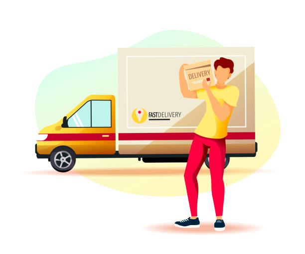 istock Delivery men with big package and delivery truck on background. Delivery services, Online order, trucking. 1248933383