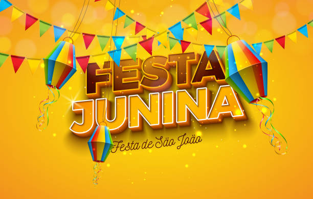 illustrations, cliparts, dessins animés et icônes de illustration de festa junina avec des drapeaux de partie, lanterne de papier et lettre 3d sur le fond jaune. vector brazil juin festival design for greeting card, invitation ou holiday poster. - titles