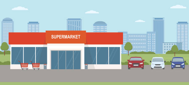 supermarktgebäude mit parkplatz. städtische landschaft. - supermarket stock-grafiken, -clipart, -cartoons und -symbole