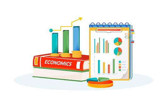 Economics flat concept vector illustration. School subject. Social science learning metaphor. Statistivs class. University course. Student textbook, graphs and pie charts items 2D cartoon objects