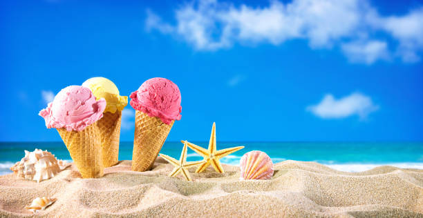 istock Ice creams cones and seashells in the sand on the beach 1248939745