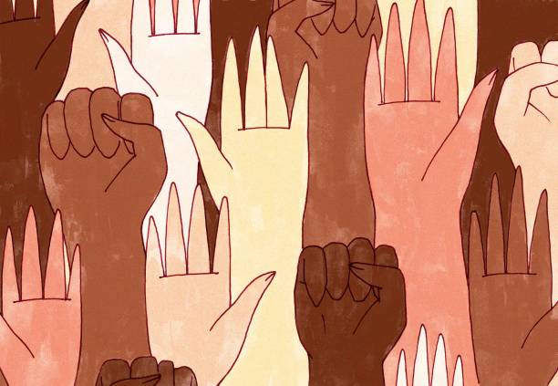 An array of hands An array of hands, mostly black and POC, and some white, some holding the black power first. human rights illustrations stock illustrations