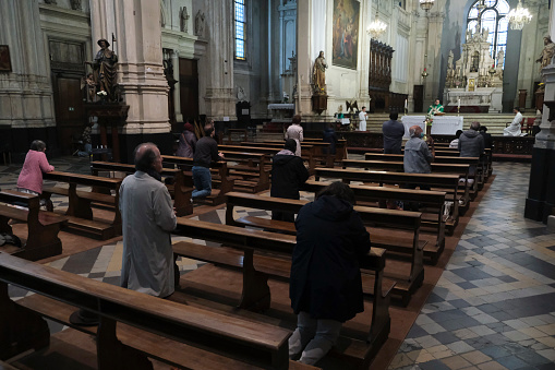 Worshipers take part in the first Mass since the start of the COVID-19 Coronavirus pandemic at Catholic church of Sainte-Catherine in Brussels, Belgium on Jun. 8, 2020.