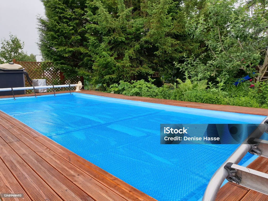 Pool cover for winter protection Swimming Pool Stock Photo