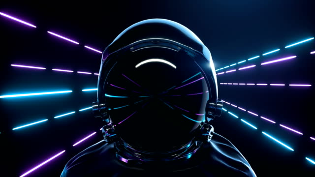 Astronaut With neon laser Lights In dark space. Loop background animation