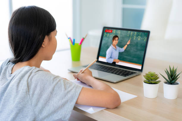 istock Asian girl student video conference e-learning with teacher on computer in living room at home. Homeschooling and distance learning ,online ,education and internet protect from COVID-19 viruses. 1248950632