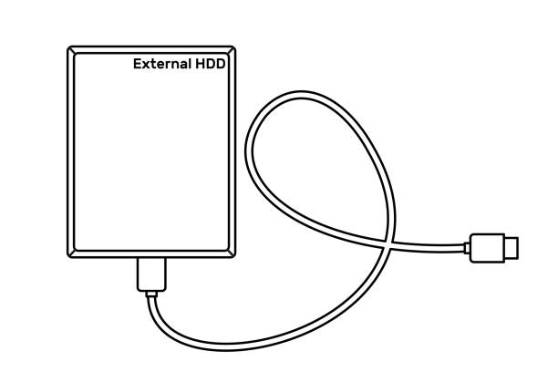 ilustraciones, imágenes clip art, dibujos animados e iconos de stock de icono de disco duro externo en estilo de arte lineal aislado sobre fondo blanco. - usb cable usb flash drive flash memories