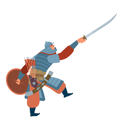 Nomad mongol man in steppe holding sword attacking. Central Asian warrior, attack in battle. Isolated vector illustration in flat cartoon style.