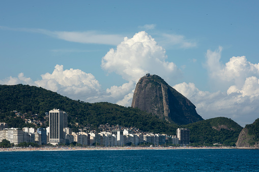 Medium shot view of Sugarloaf Mountain and Copacabana in Rio de Janeiro, Brazil.