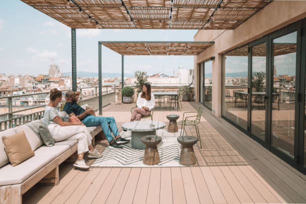 istock Colleagues having a break at the rooftop in Barcelona 1248956354