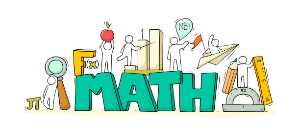 ilustrações, clipart, desenhos animados e ícones de esboço de matemática com pessoas pequenas trabalhadoras. - mathematics doodle paper education