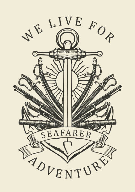 retro banner with ship anchor, sabers and cannons Hand-drawn anchor, sabers, swords, ship guns and inscription. Decorative vector illustration on the theme of travel, military adventure and battles on the old paper background in vintage style anchor free pic stock illustrations