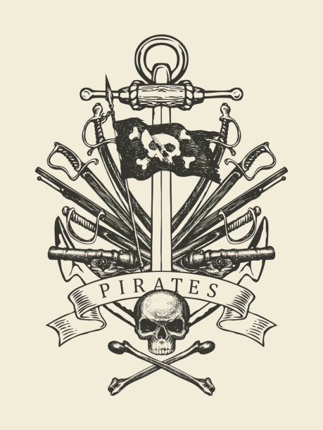 pirate banner with ship anchor, sabers and cannons Hand-drawn skull, crossbones, anchor, sabers, swords, ship guns and pirate flag. Decorative vector illustration on the theme of travel, military adventure and pirates battles in vintage style anchor free pic stock illustrations