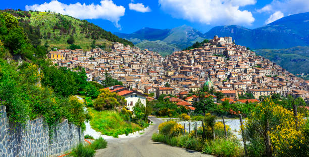 Italy travel. Traditional hill top medieval villages of Calabria Italy travel. One ofthe most beautiful medieval villages (borgo) of Calabria - Morano Calabro ancient villages stock pictures, royalty-free photos & images