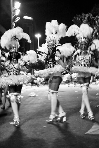 Brazilian women wearing carnival costumes backstage at Sambadrome parade in Rio de Janeiro, Brazil.