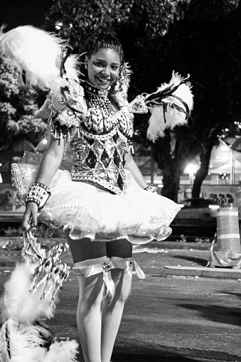 Brazilian woman wearing carnival costume backstage at Sambadrome parade in Rio de Janeiro, Brazil.