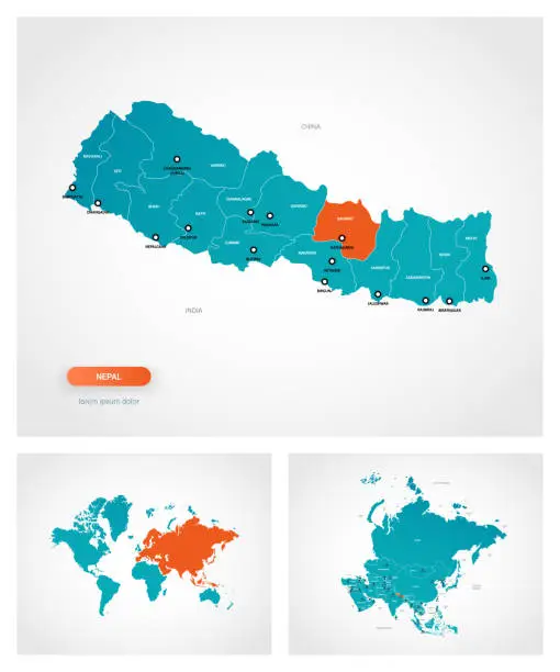 Vector illustration of Editable template of map of Nepal with marks. Nepal on world map and on Asia map.