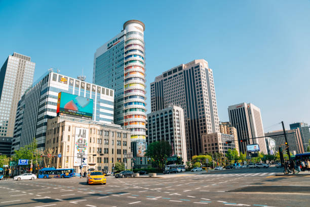 Gwanghwamun modern office buildings in Seoul, Korea Seoul, Korea - April 29, 2020 : Gwanghwamun modern office buildings seoul bus stock pictures, royalty-free photos & images